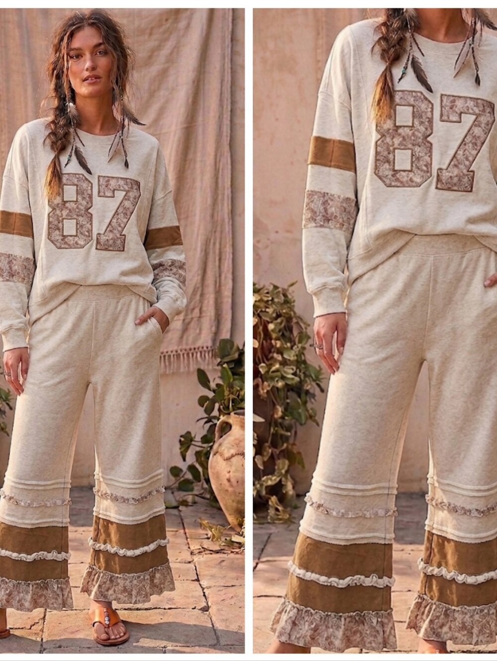 easel Cream Wide-Leg Lounge Pants & Patchwork Top with Brown Accent Bands